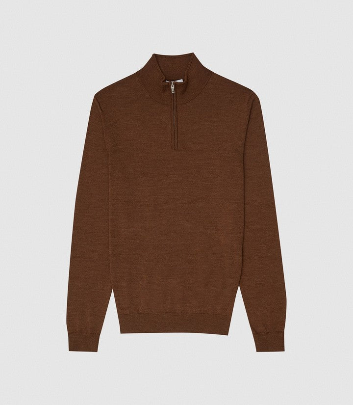 Otrium,Reiss, Reiss Caramel Brown 100% Wool Quarter Zip Pullover Sweater, Brown, Extra Small-34-TagS