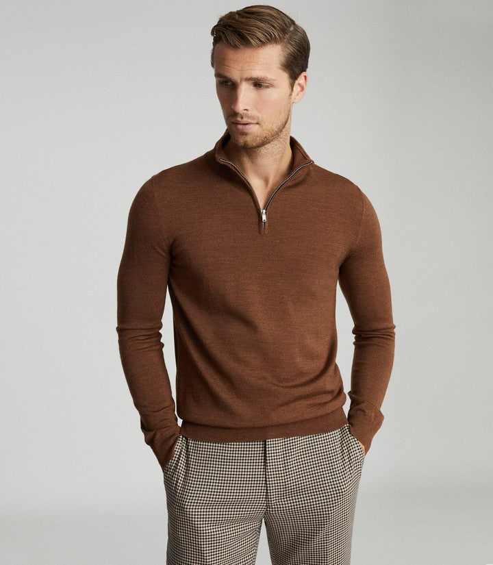 Reiss Caramel Brown 100% Wool Quarter Zip Pullover Sweater