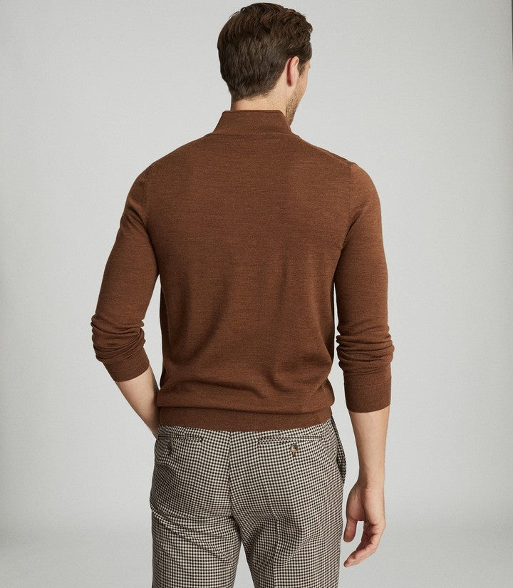 Reiss Caramel Brown 100% Wool Quarter Zip Pullover Sweater