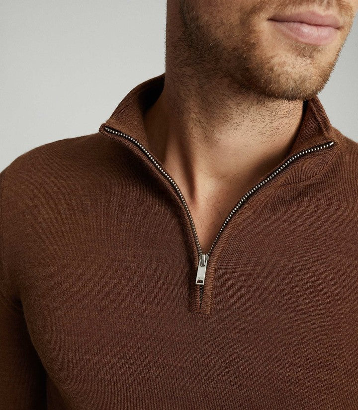 Otrium,Reiss, Reiss Caramel Brown 100% Wool Quarter Zip Pullover Sweater, Brown, Extra Small-34-TagS