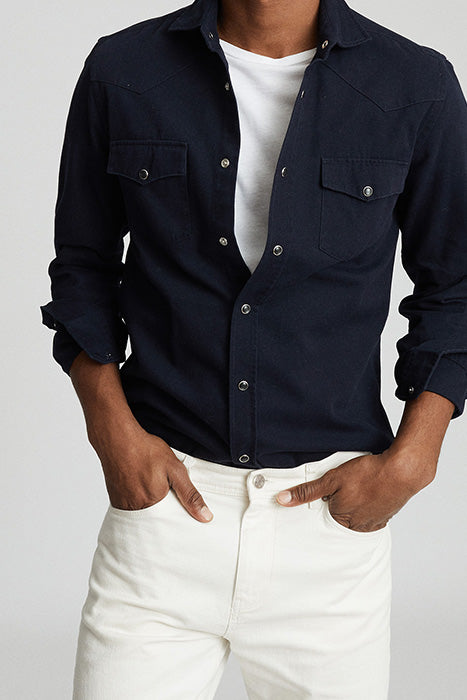 Reiss Navy Button Up Western Shirt With Two Front Chest Pockets