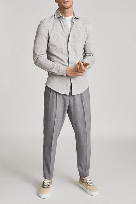 Reiss Light Grey Heathered Knit Slim Fit Long Sleeve Button Up Shirt