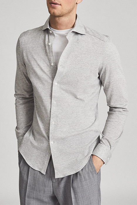 Otrium,Reiss, Reiss Light Grey Heathered Knit Slim Fit Long Sleeve Button Up Shirt, Grey, Extra Large-50-TagXXL