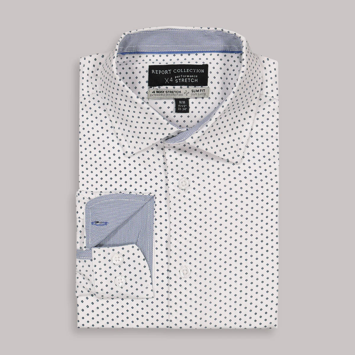Brand Partner,Report Collection, Report Collection White With Blue Diamond Print Long Sleeve 4-Way Stretch Button Up Shirt, White, Large-46-TagL