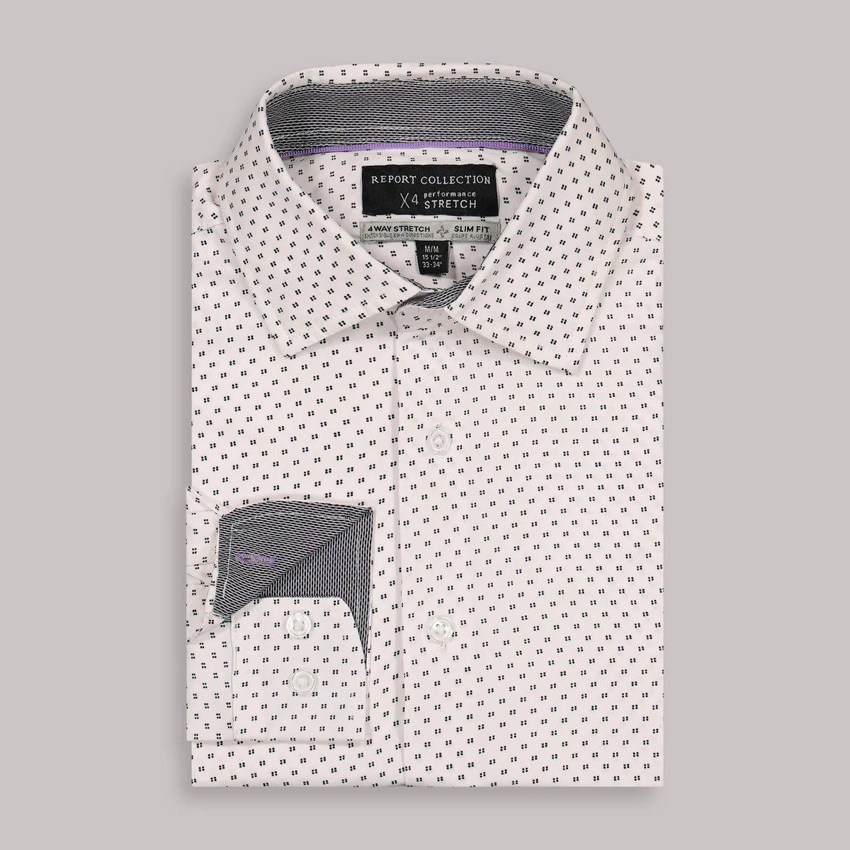 Brand Partner,Report Collection, Report Collection White With Black 4 Clover Dot Print Long Sleeve 4-Way Stretch Button Up Shirt, White, Medium-44-TagM