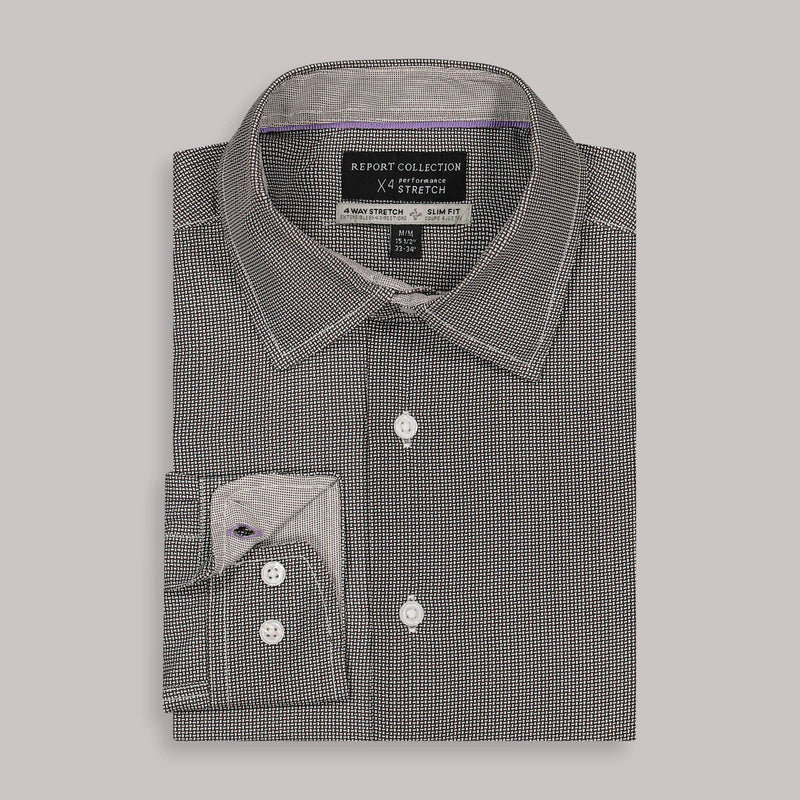 Report Collection Dark Grey Crosshatch Print Long Sleeve 4-Way Stretch Button Up Shirt