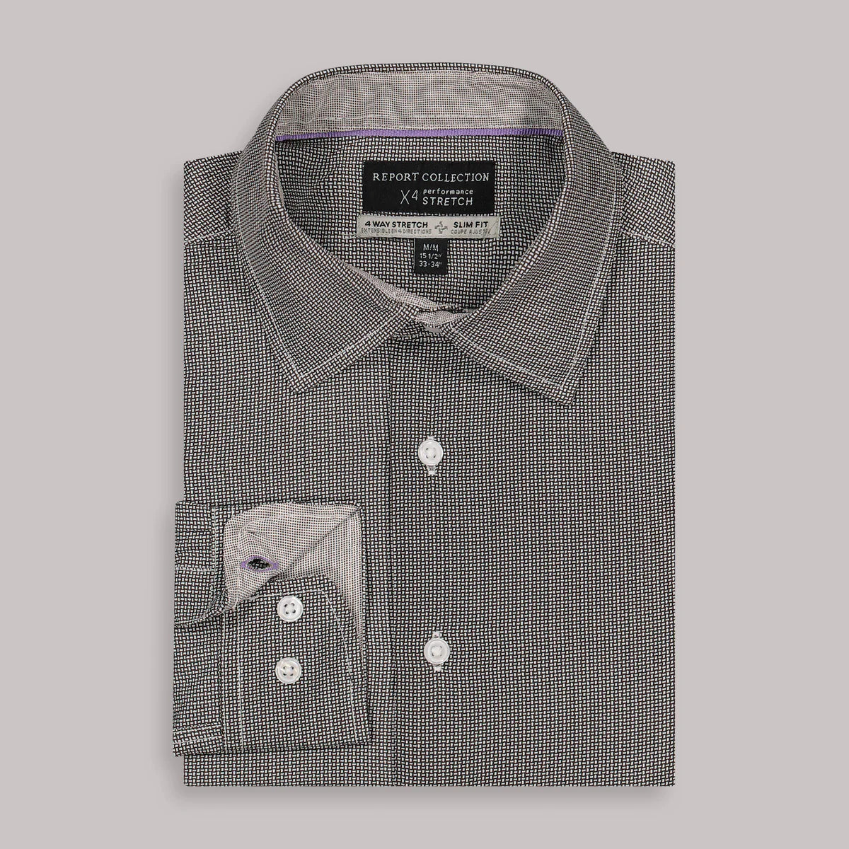 Brand Partner,Report Collection, Report Collection Dark Grey Crosshatch Print Long Sleeve 4-Way Stretch Button Up Shirt, Grey, Large-46-TagL
