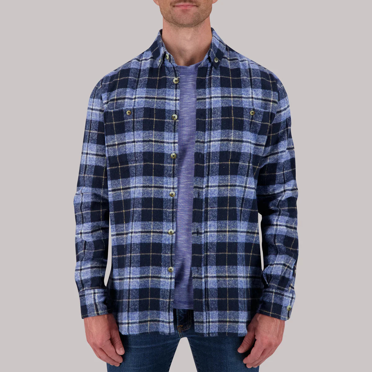 Brand Partner,Report Collection, Report Collection Blue & Navy Plaid Recycled Flannel Overshirt, Blue, Extra Extra Large-52-TagXLExtra Large-50-TagLLarge-45-TagMMedium-44-TagS