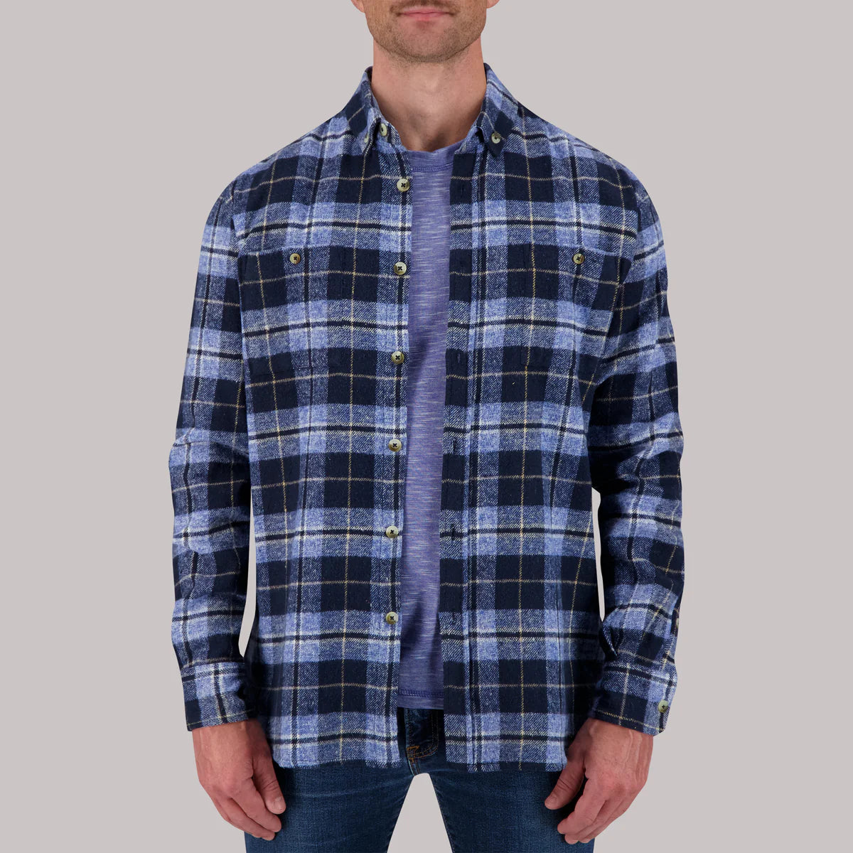 Brand Partner,Report Collection, Report Collection Blue & Navy Plaid Recycled Flannel Overshirt, Blue, Extra Large-50-TagL