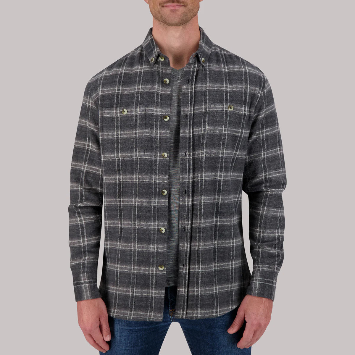 Brand Partner,Report Collection, Report Collection Charcoal Grey Plaid Recycled Flannel Overshirt, Grey, Medium-44-TagS