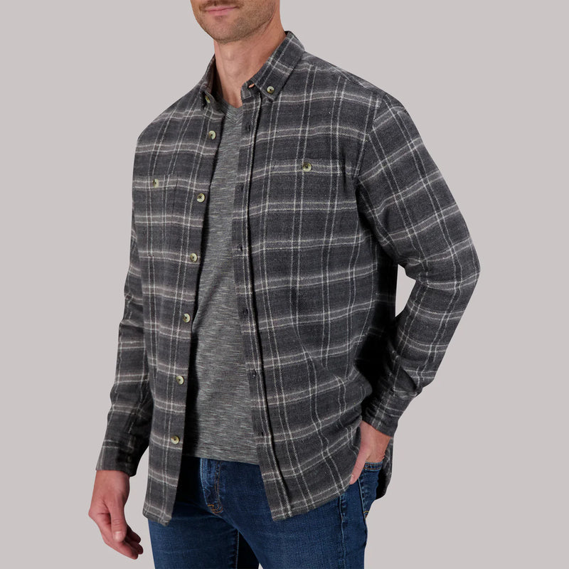 Report Collection Charcoal Grey Plaid Recycled Flannel Long Sleeve Button Up Overshirt