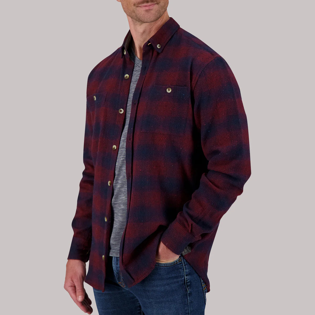 Brand Partner,Report Collection, Report Collection Burgundy & Navy Plaid Recycled Flannel Overshirt, Red, Extra Large-50-TagL