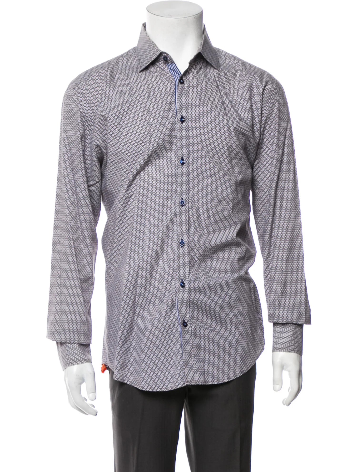 The RealReal,Sand, SAND Brown With Blue & White Dot Print Long Sleeve Button Up Shirt, Brown, Large-45-TagL
