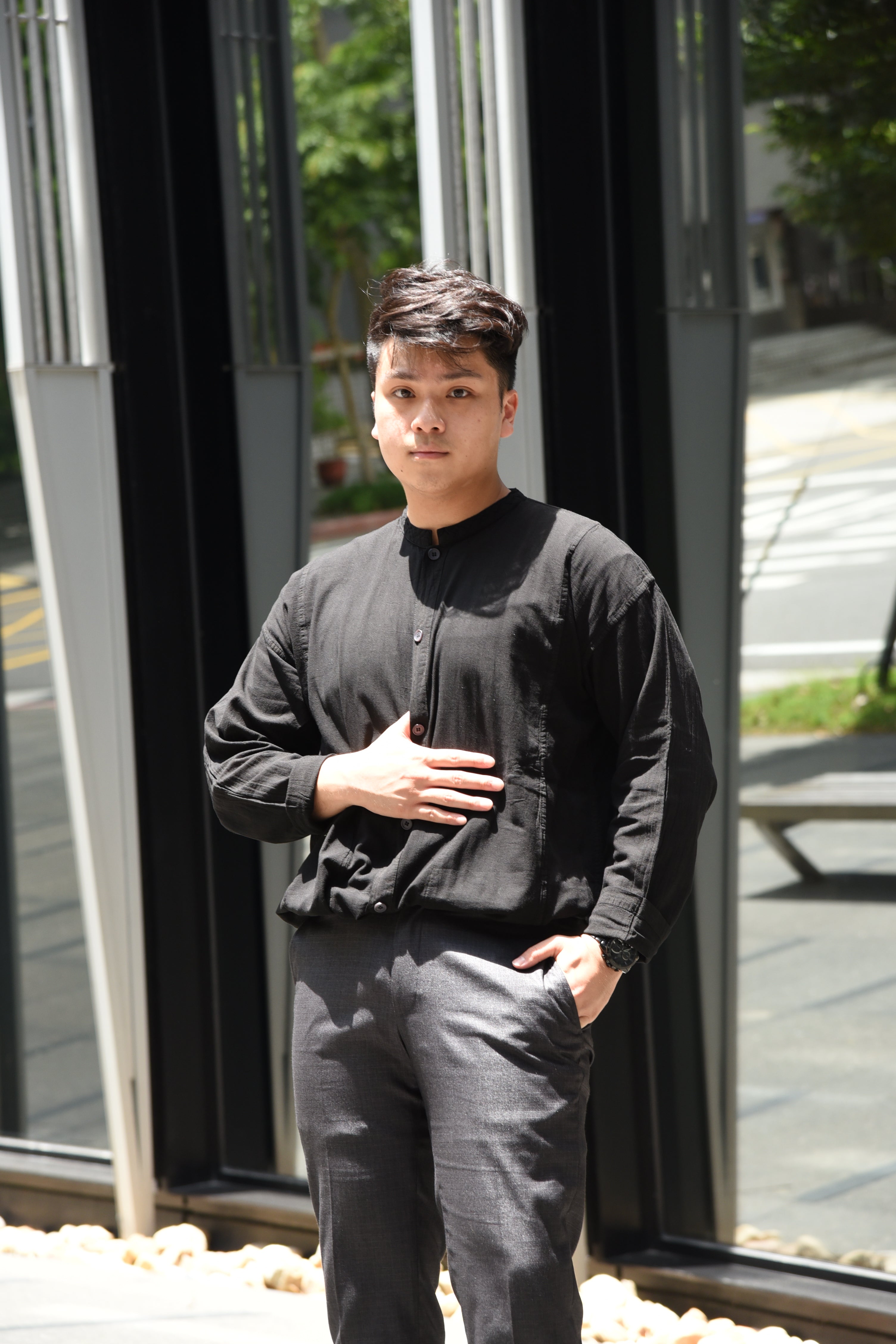 Brand Partner,Shixi, Shixi Charcoal Grey Linen Long Sleeve Tunic, Black, Medium-46-TagMLarge-46-TagM