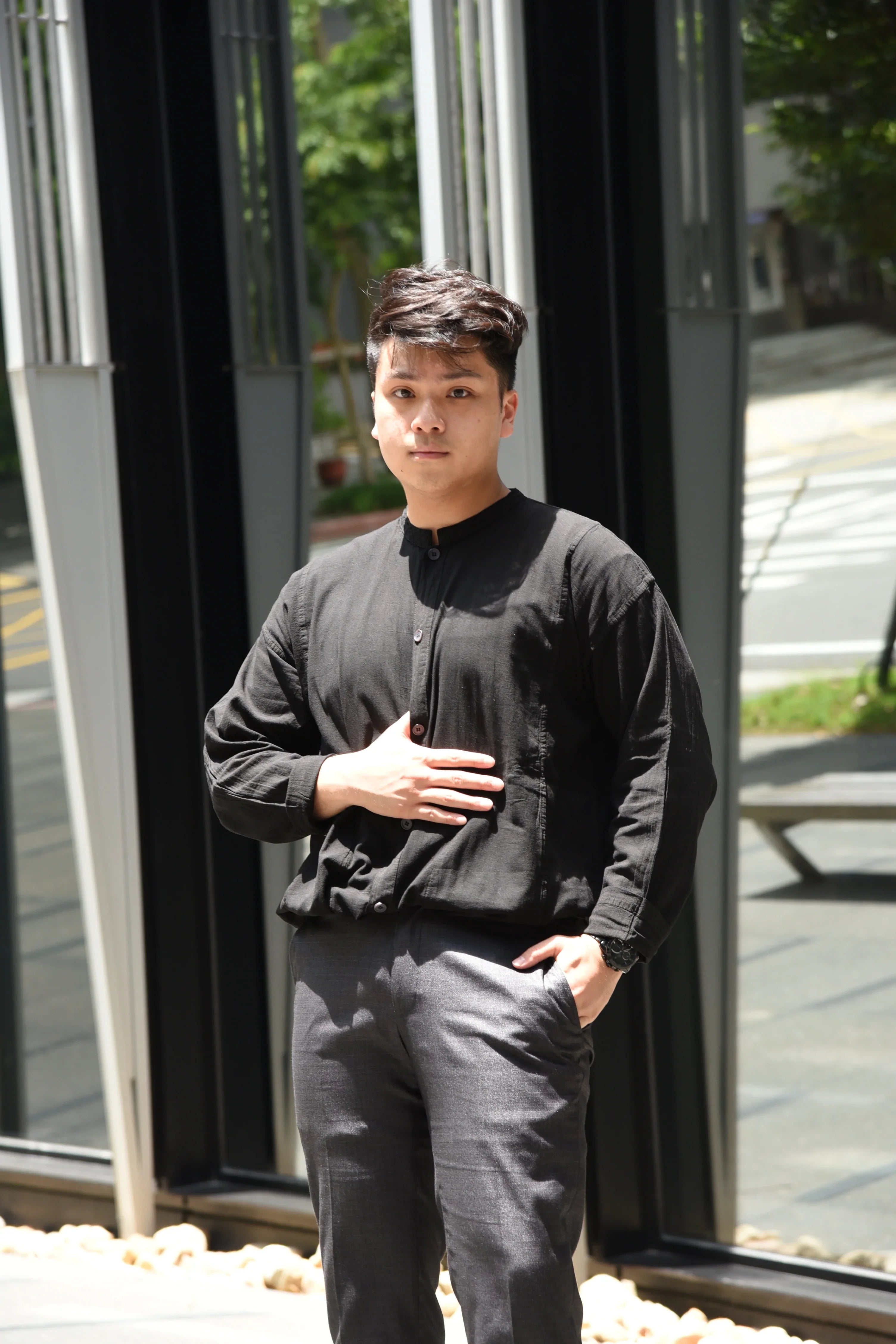 Brand Partner,Shixi, Shixi Black Linen Long Sleeve Tunic, Grey, Large-46-TagM