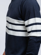 SMF Navy Knit Long Sleeve Sweater With Colorblock White Embossed Stripes