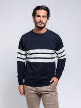 SMF Navy Knit Long Sleeve Sweater With Colorblock White Embossed Stripes