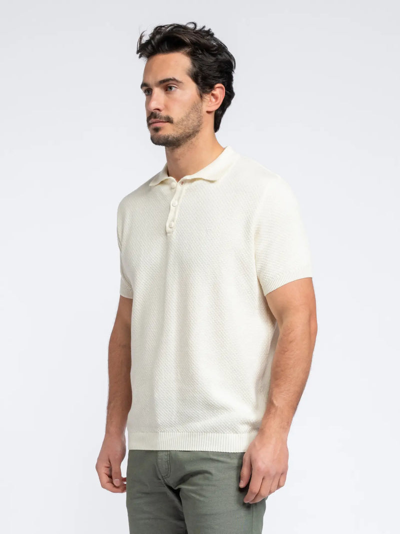 SMF Cream Textured Knit Short Sleeve Button Up Polo