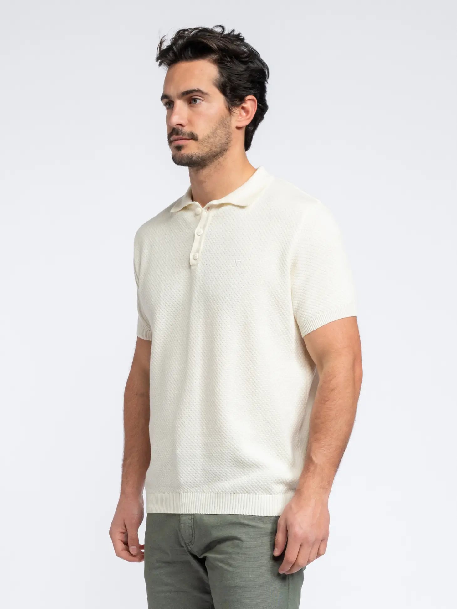 Faire,SMF, SMF Cream Textured Knit Short Sleeve Button Up Polo, Cream, Large-44-TagXL