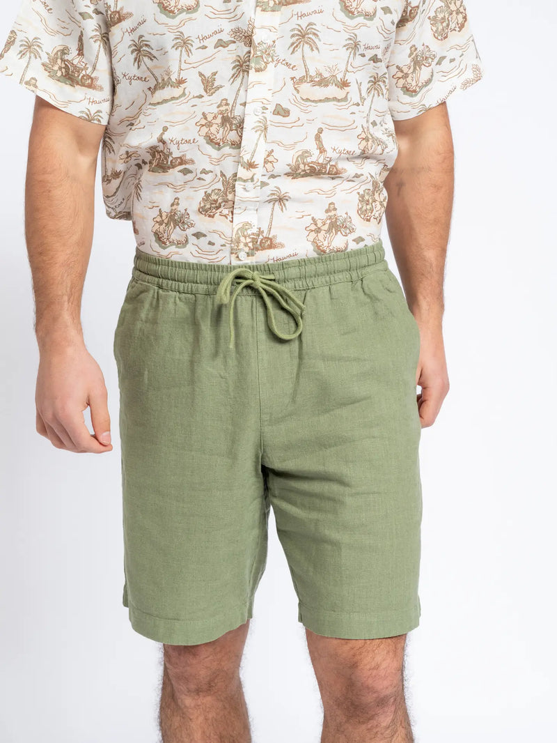 SMF Green Linen Blend Drawstring Shorts