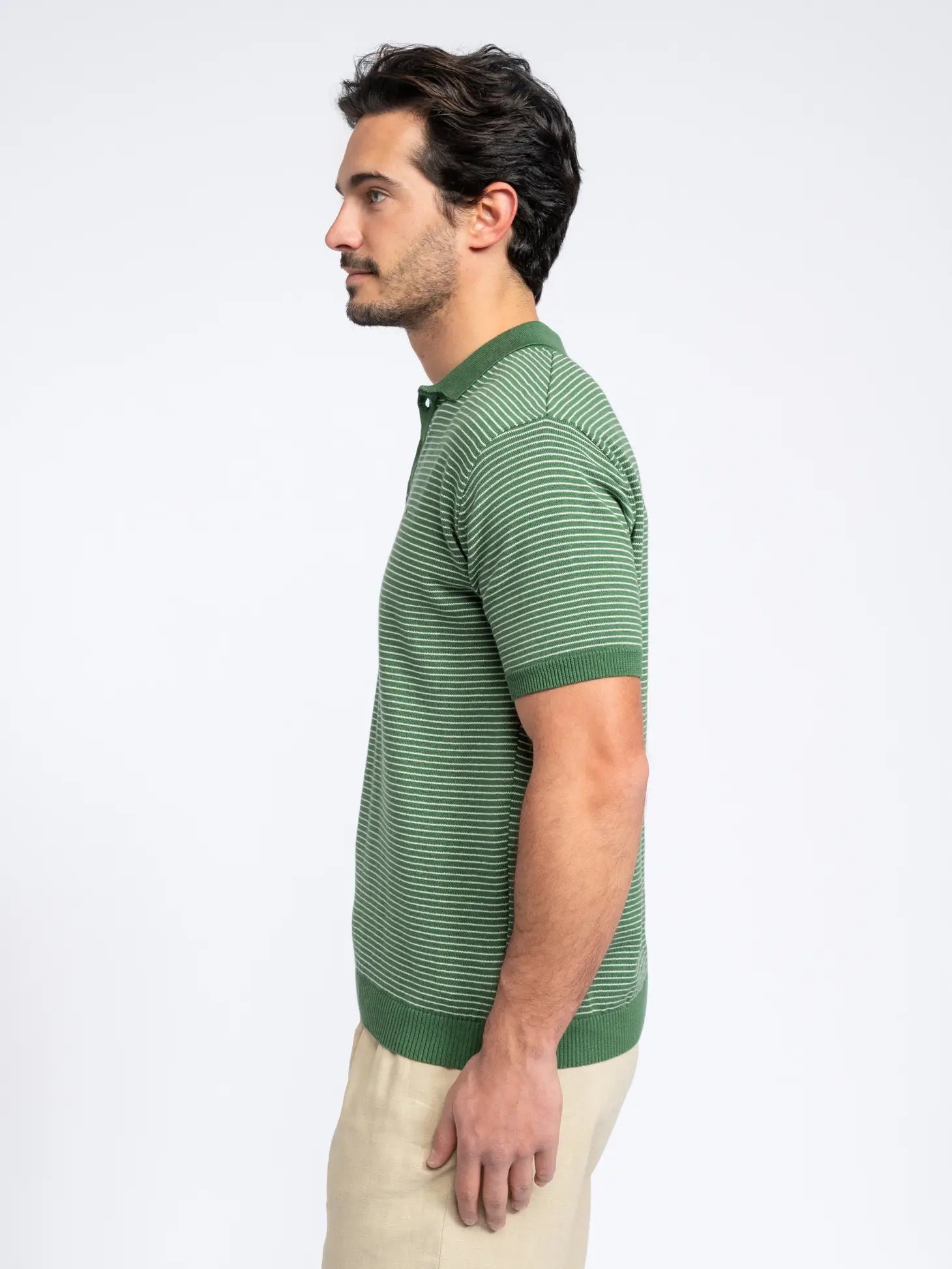 Faire,SMF, SMF Green Stripe Knit Short Sleeve Button Up Polo, Green, Medium-42-TagL