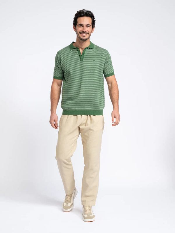 SMF Green Stripe Knit Short Sleeve Button Up Polo
