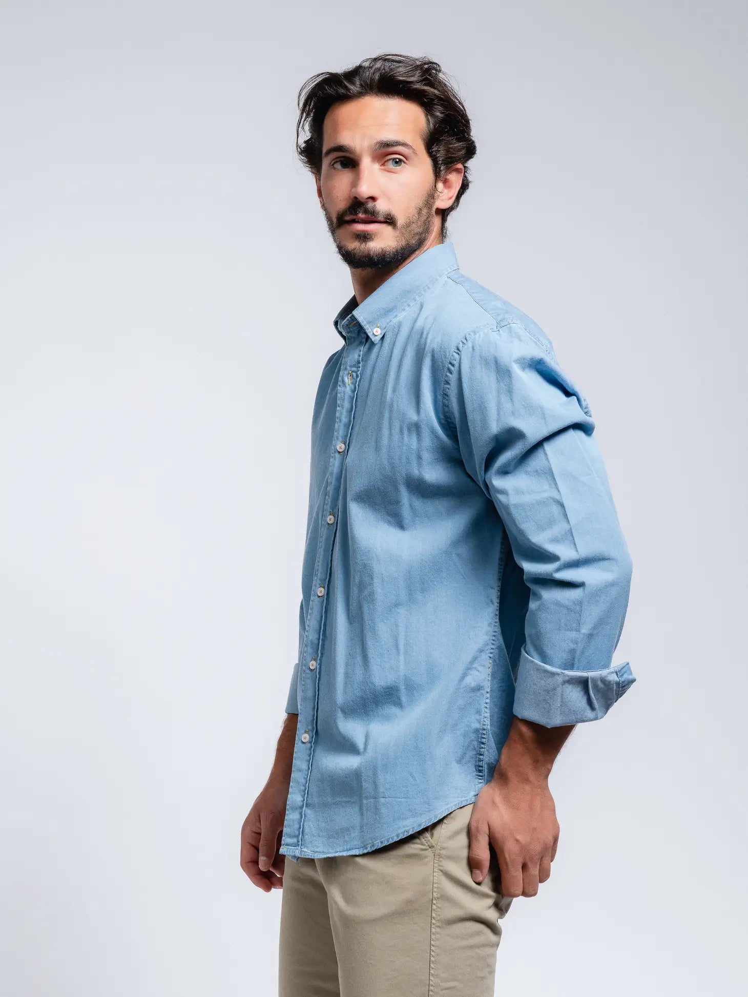 Faire,SMF, SMF Light Blue Denim Long Sleeve Button Up Shirt, Blue, Large-45-TagL