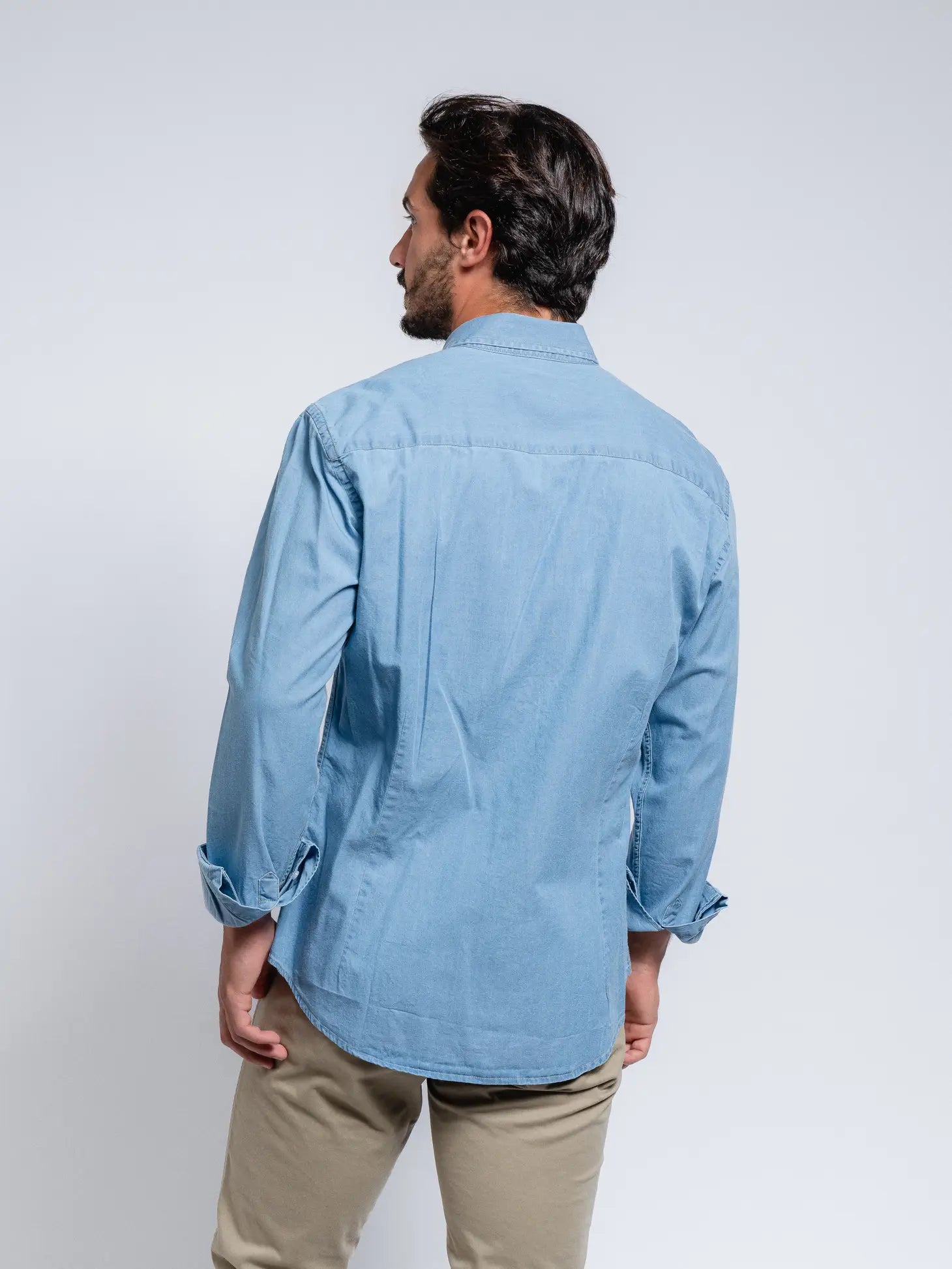 Faire,SMF, SMF Light Blue Denim Long Sleeve Button Up Shirt, Blue, Large-45-TagL