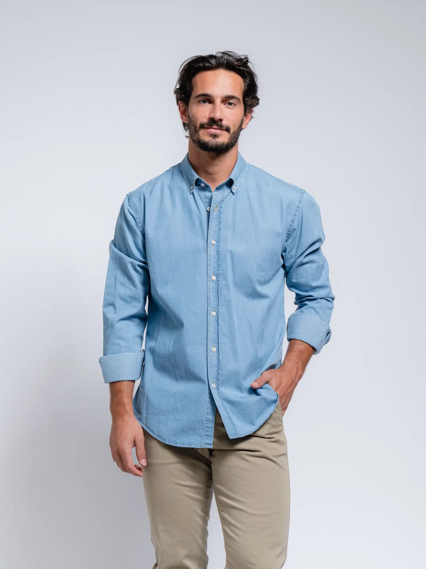 Faire,SMF, SMF Light Blue Denim Long Sleeve Button Up Shirt, Blue, Medium-43-TagM