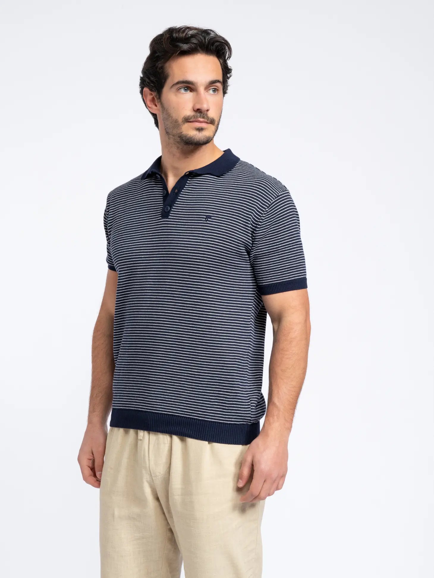 Faire,SMF, SMF Navy Stripe Knit Short Sleeve Button Up Polo, Blue, Medium-42-TagM