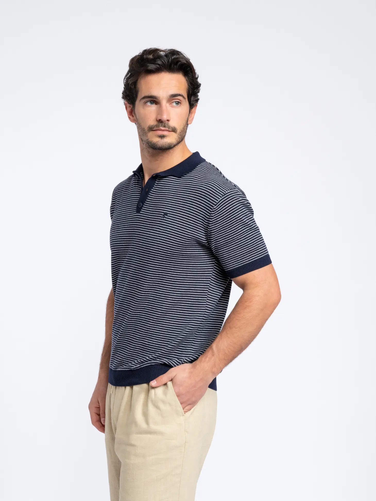Faire,SMF, SMF Navy Stripe Knit Short Sleeve Button Up Polo, Blue, Medium-42-TagM