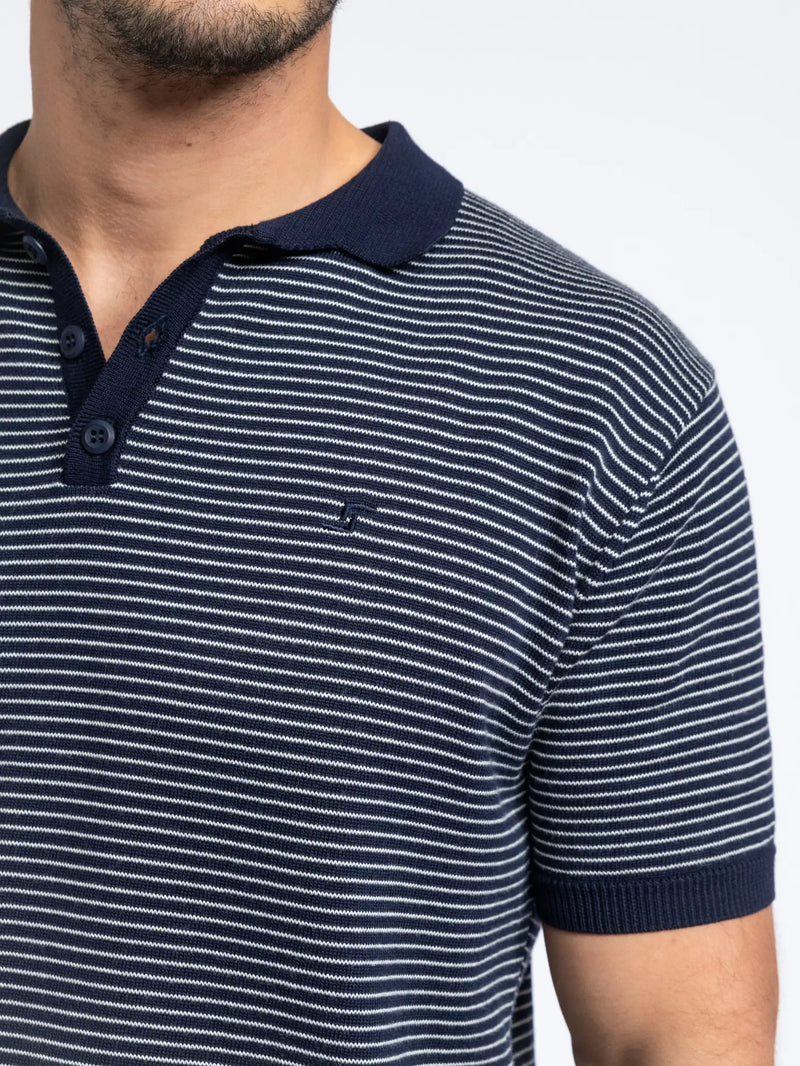 SMF Navy Stripe Knit Short Sleeve Button Up Polo