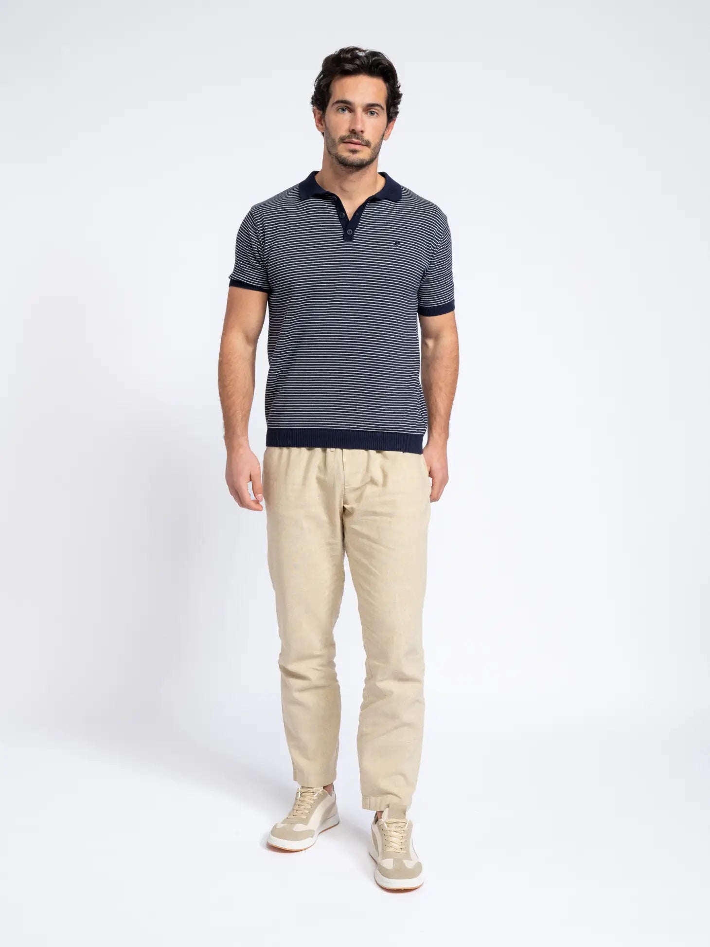 Faire,SMF, SMF Navy Stripe Knit Short Sleeve Button Up Polo, Blue, Medium-42-TagM
