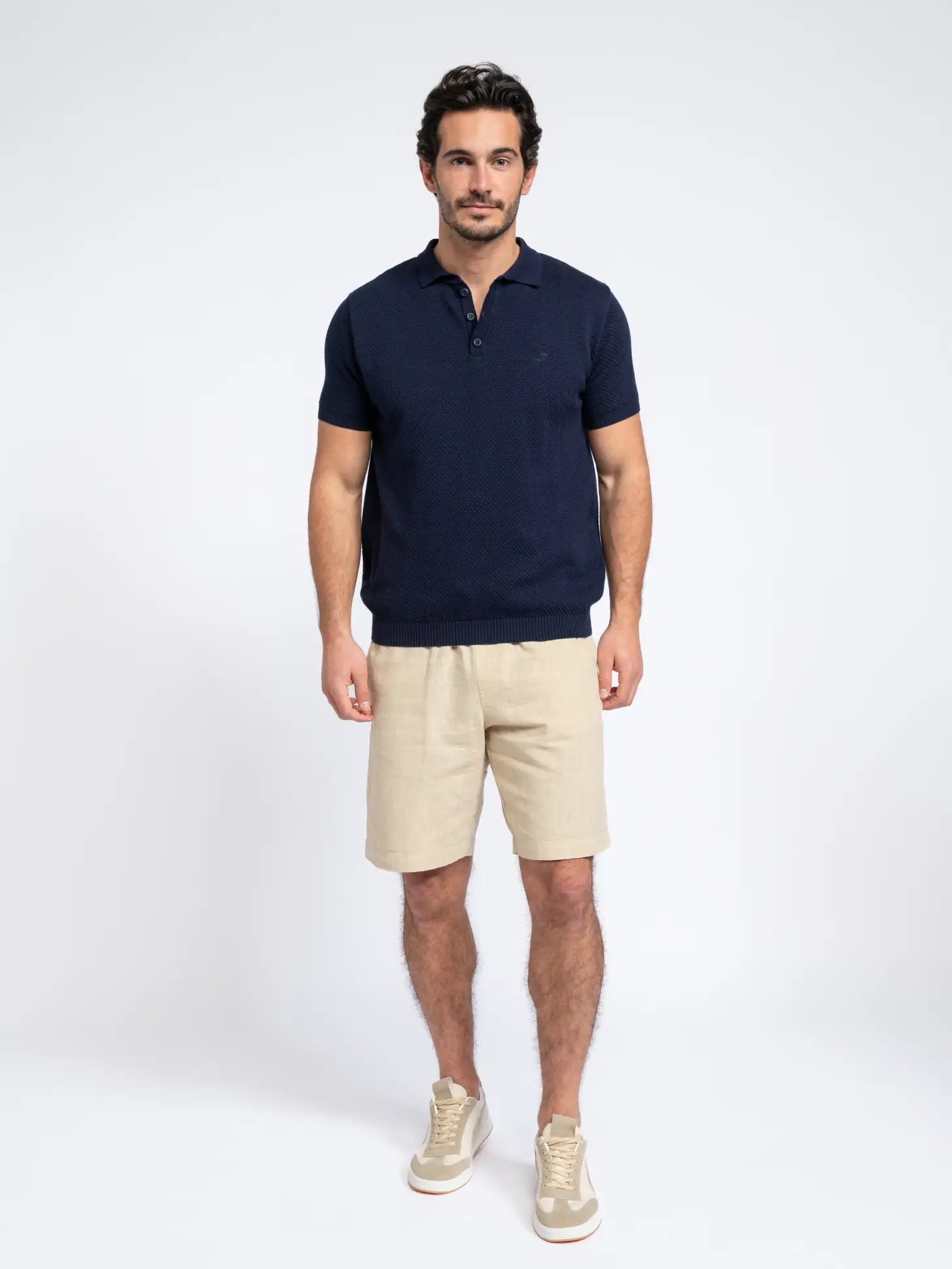 Faire,SMF, SMF Navy Textured Knit Short Sleeve Buttonless Polo, Blue, Medium-42-TagM
