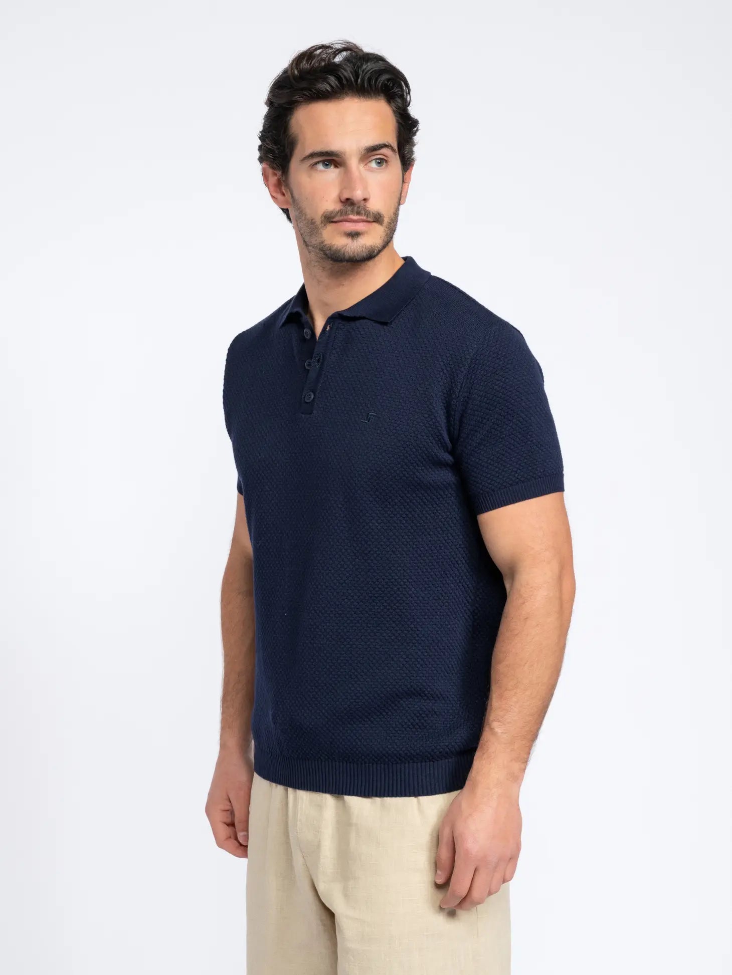 Faire,SMF, SMF Navy Textured Knit Short Sleeve Buttonless Polo, Blue, Medium-41-TagL
