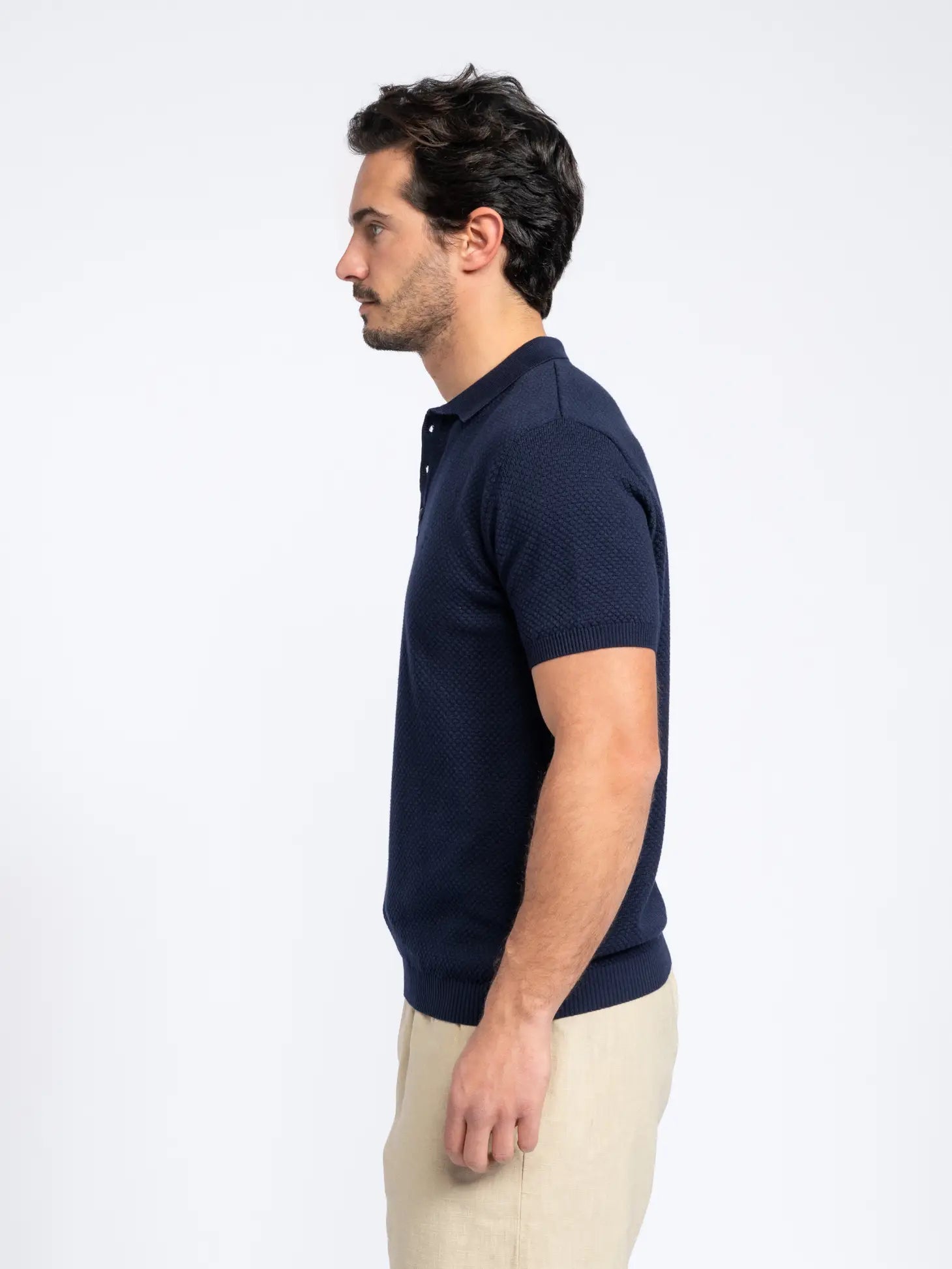 Faire,SMF, SMF Navy Textured Knit Short Sleeve Buttonless Polo, Blue, Large-44-TagL