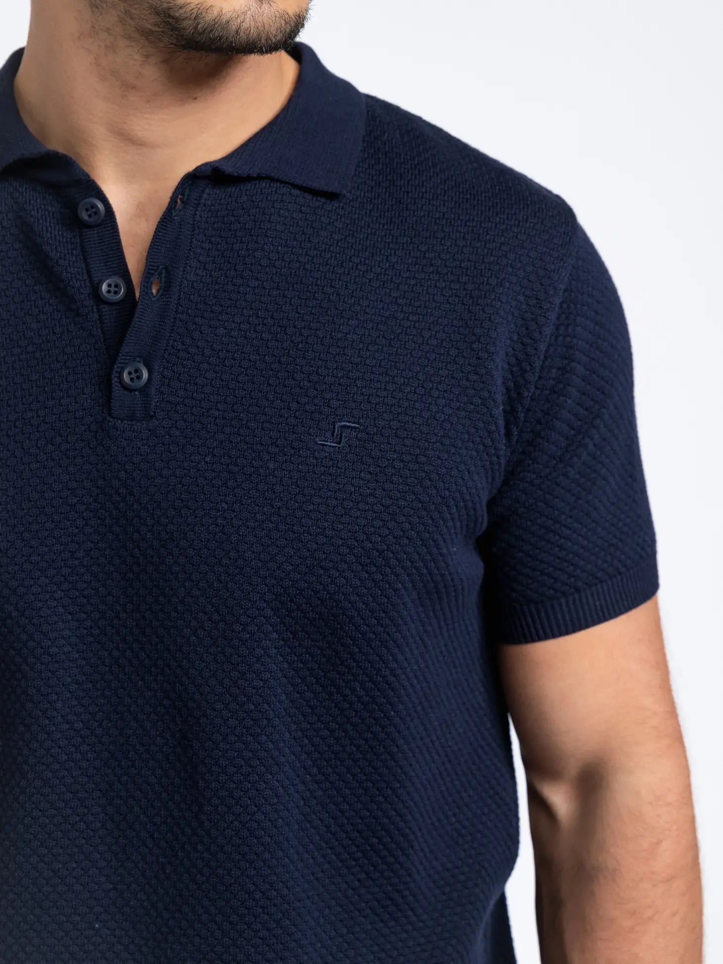 Faire,SMF, SMF Navy Textured Knit Short Sleeve Buttonless Polo, Blue, Medium-41-TagL