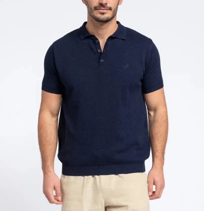 Faire,SMF, SMF Navy Textured Knit Short Sleeve Buttonless Polo, Blue, Large-44-TagL