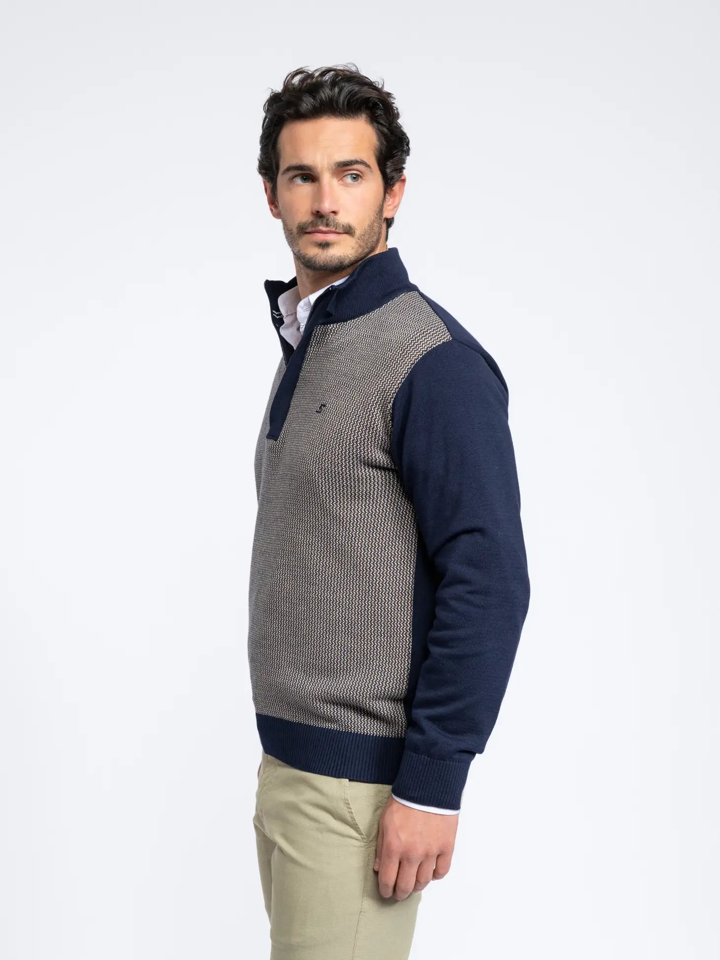 Faire,SMF, SMF Navy With Contrast Front Quarter Zip Pullover Sweater, Blue, Large-45-TagXXLExtra Large-46-TagXLMedium-42-TagXLMedium-41-TagLMedium-40-TagLMedium-42-TagLMedium-40-TagMLarge-44-TagLLarge-43-TagL