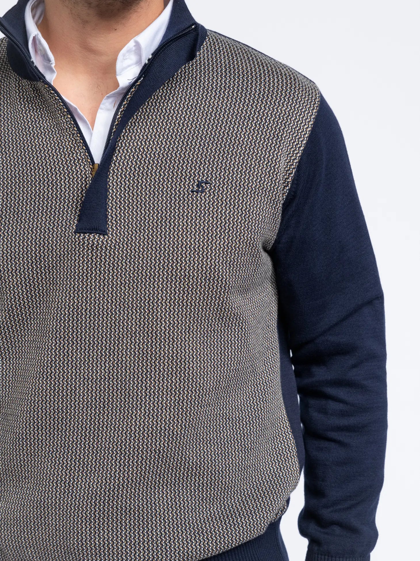 Faire,SMF, SMF Navy With Contrast Front Quarter Zip Pullover Sweater, Blue, Extra Large-46-TagXL