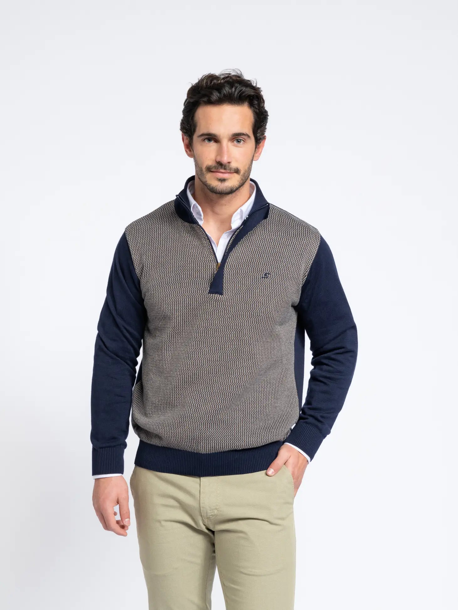 Faire,SMF, SMF Navy With Contrast Front Quarter Zip Pullover Sweater, Blue, Large-43-TagL
