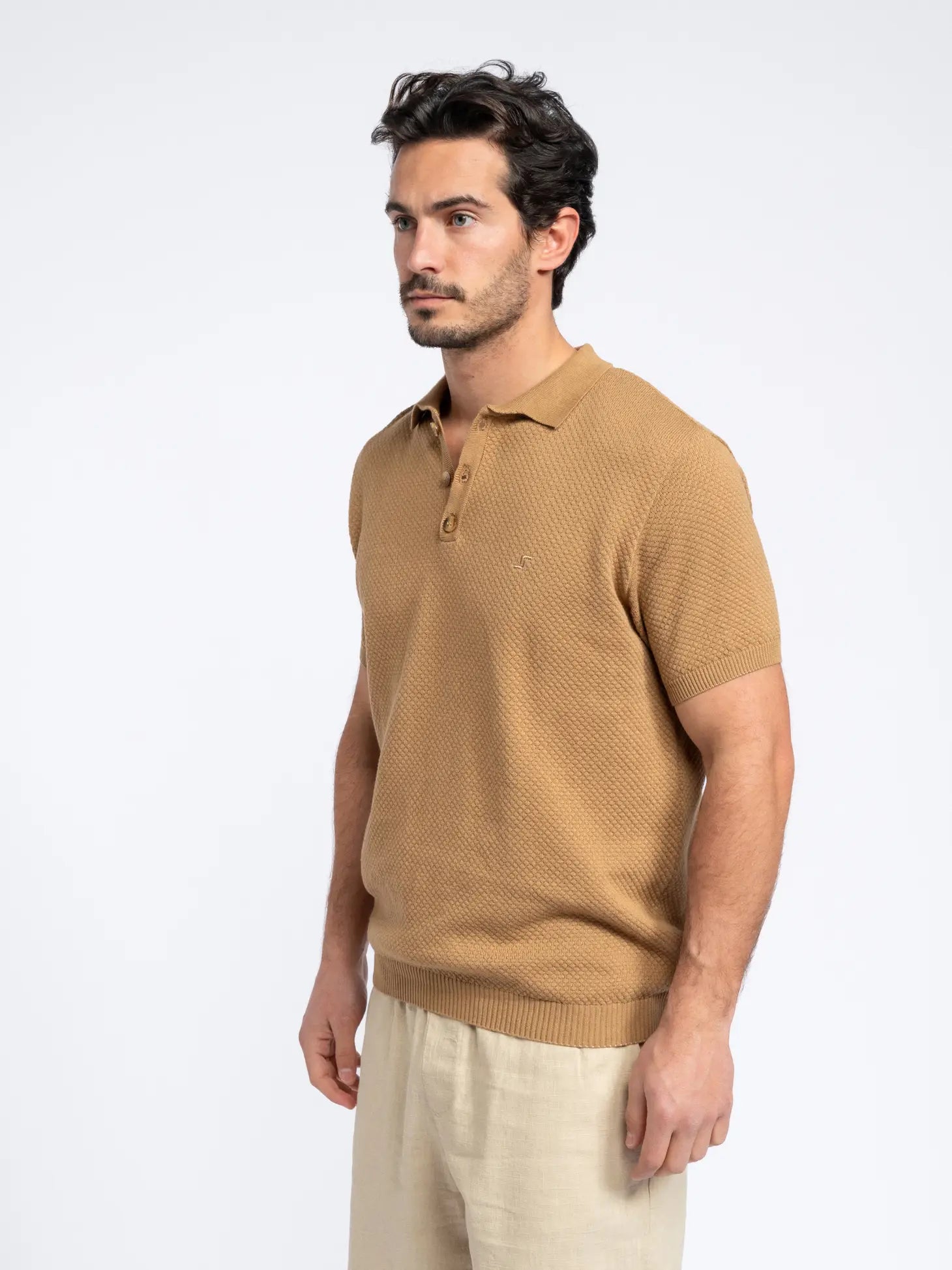 Faire,SMF, SMF Tan Textured Knit Short Sleeve Buttonless Polo, Tan, Large-44-TagXXL