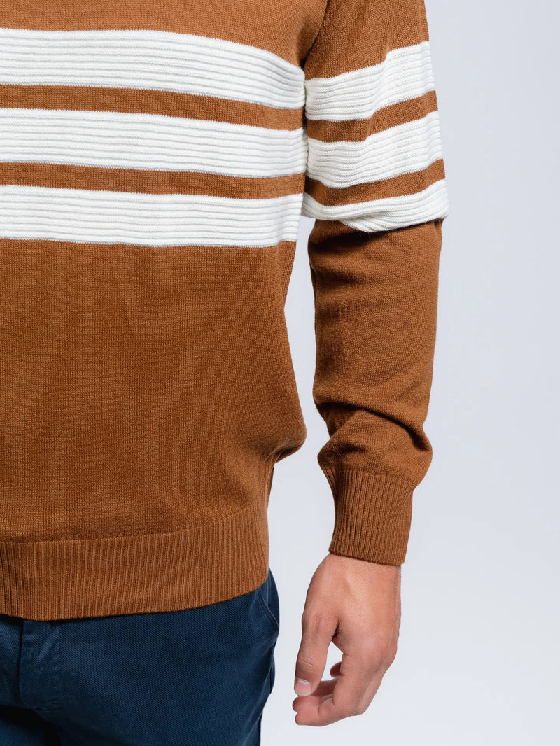 SMF Orange Brown Knit Long Sleeve Sweater With Colorblock White Embossed Stripes