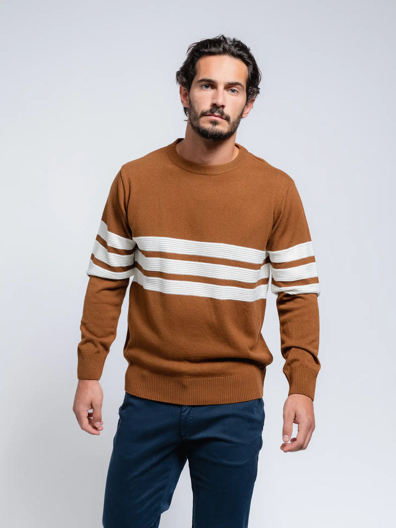 SMF Orange Brown Knit Long Sleeve Sweater With Colorblock White Embossed Stripes