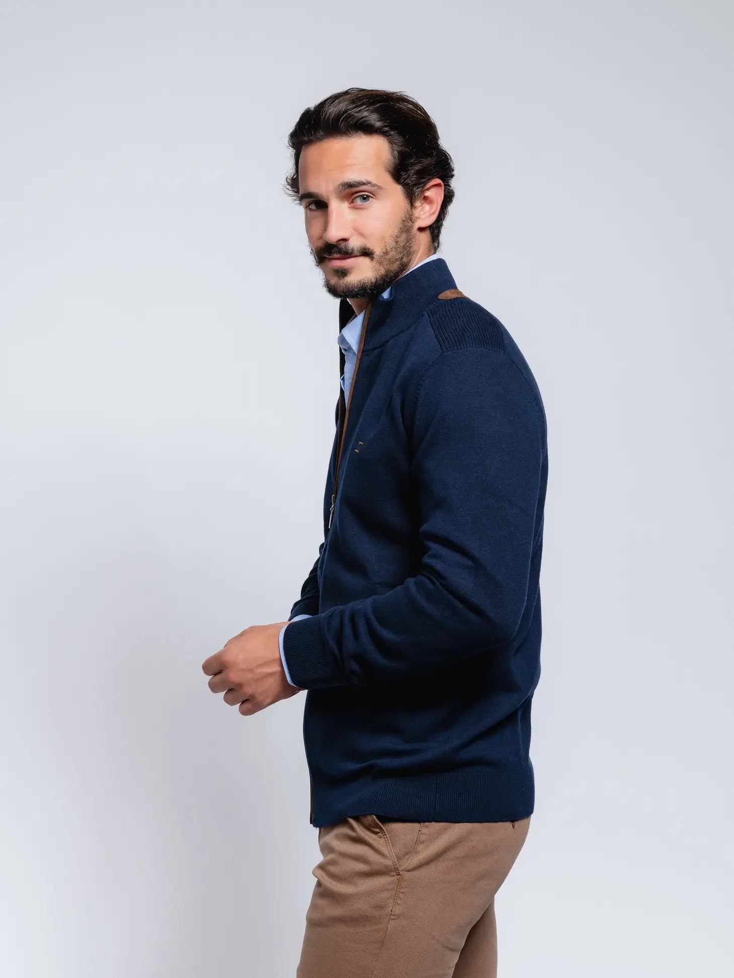 Faire,SMF, SMF Navy Knit Mock Collar Long Sleeve Zip Up Jacket With Contrast Brown Detail, Blue, Extra Large-46-TagXL