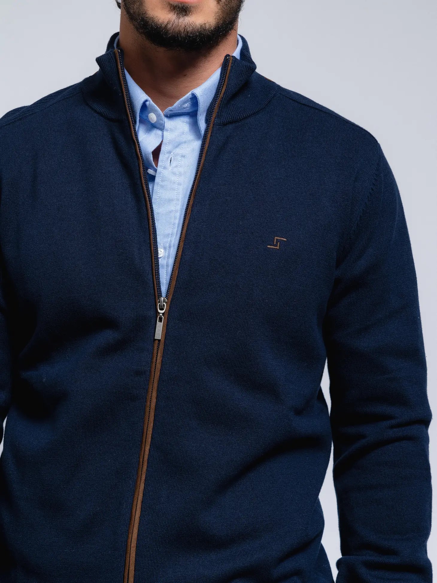 Faire,SMF, SMF Navy Knit Mock Collar Long Sleeve Zip Up Jacket With Contrast Brown Detail, Blue, Extra Large-46-TagXL