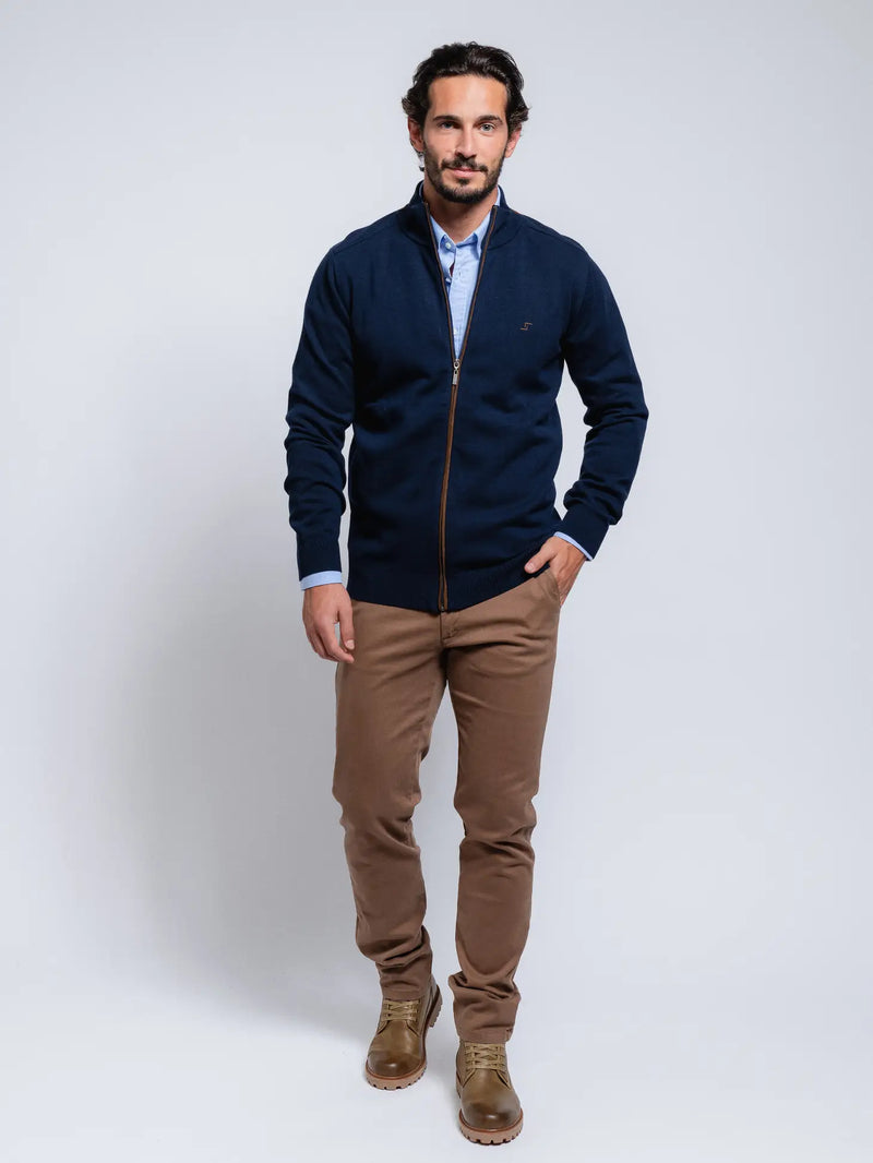 SMF Navy Knit Mock Collar Long Sleeve Zip Up Jacket With Contrast Brown Detail