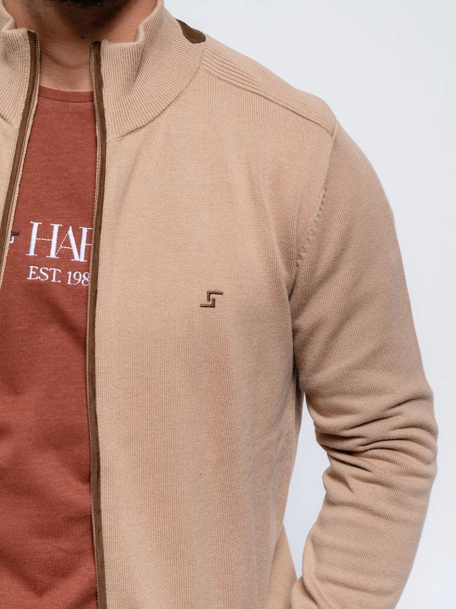 Faire,SMF, SMF Tan Knit Mock Collar Long Sleeve Zip Up Jacket With Contrast Brown Detail, Tan, Large-44-TagL