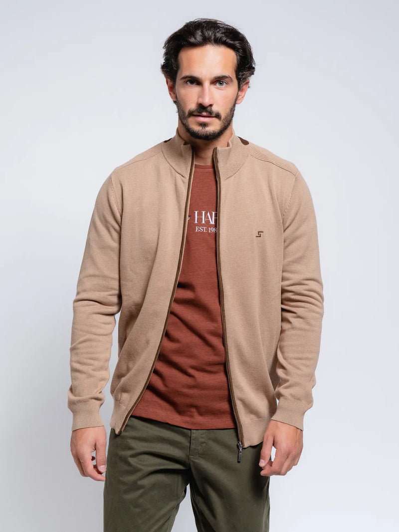 SMF Tan Knit Mock Collar Long Sleeve Zip Up Jacket With Contrast Brown Detail