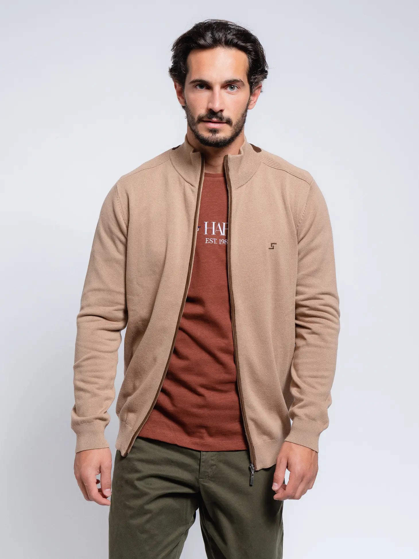 Faire,SMF, SMF Tan with Brown Contrast Knit Mockneck Full Zip Cardigan, Tan, Extra Large-46-TagXL